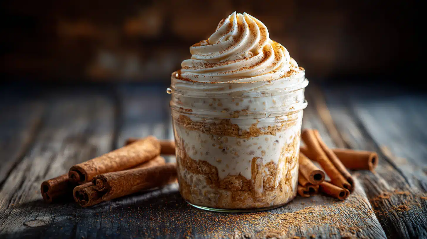 Cinnamon roll overnight oats with creamy layers and cinnamon swirl in a jar.