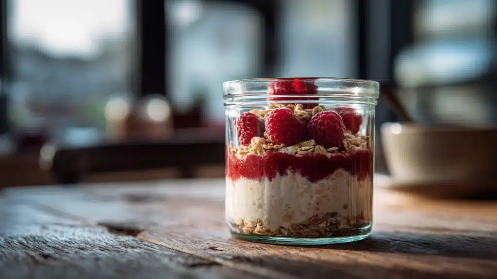 Classic overnight oats made with rolled oats and milk, served in a jar.
