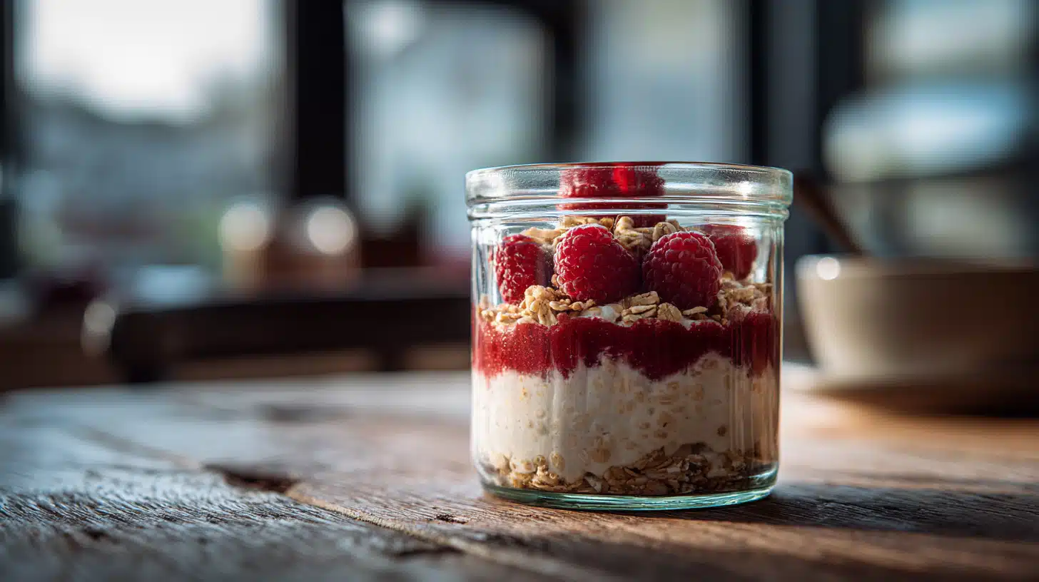 Classic overnight oats made with rolled oats and milk, served in a jar.