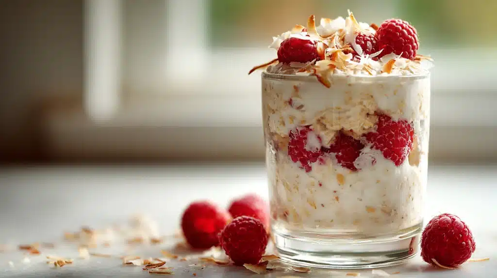 Coconut cream oats with a rich, creamy texture topped with coconut flakes.