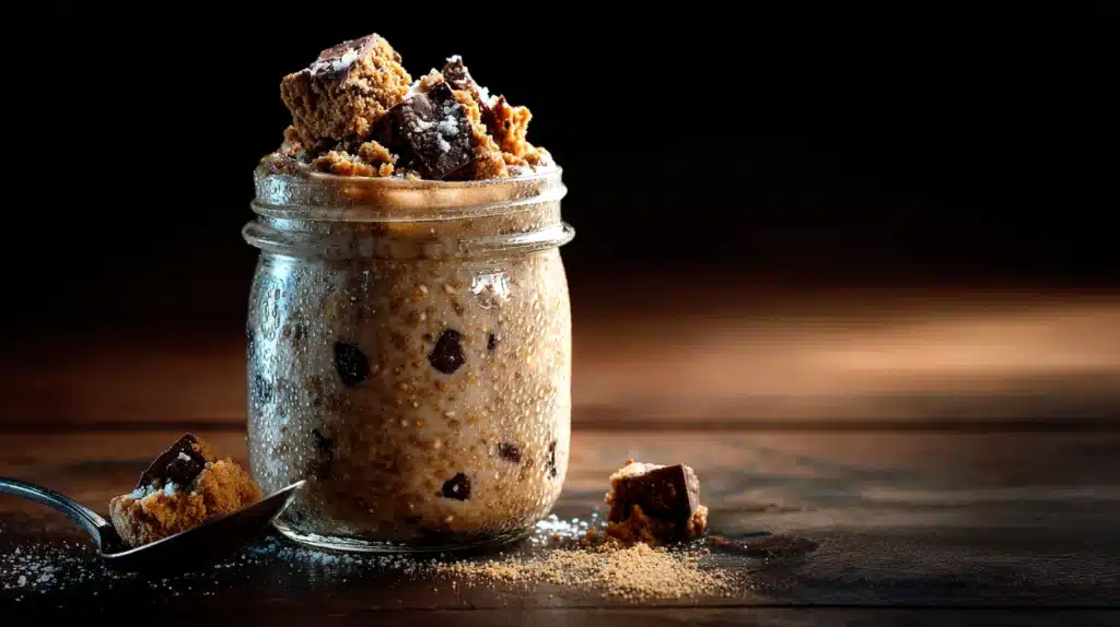 Cookie dough overnight oats with chocolate chips and creamy oat mixture in a jar.
