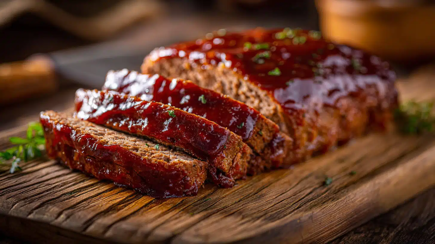 Cowboy meatloaf topped with a tangy barbecue-style glaze and baked until tender.