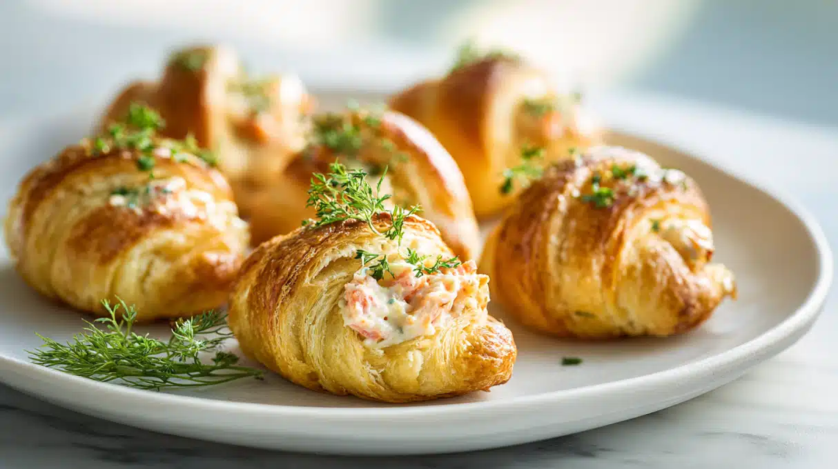 Crab crescent bites baked until golden with creamy crab filling on a platter