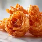 Crispy blooming onion fried until golden with petals pulled apart on a plate