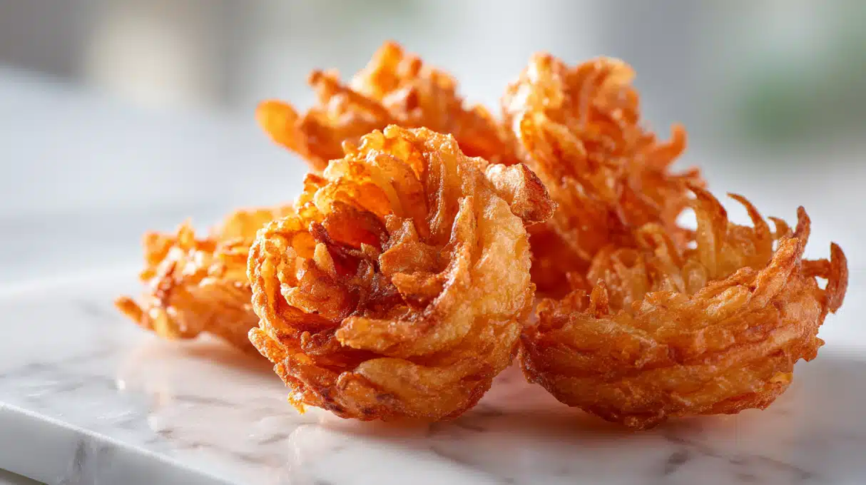 Crispy blooming onion fried until golden with petals pulled apart on a plate