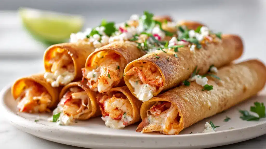 Crispy crab and shrimp queso taquitos filled with seafood and melted cheese, fried until golden