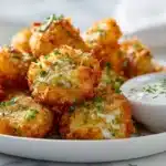 Crispy Pickle Cheese Bites: Snackable, Crunchy, and Addictive! 7 Crispy pickle cheese bites coated in breadcrumbs and fried until golden, served on a plate