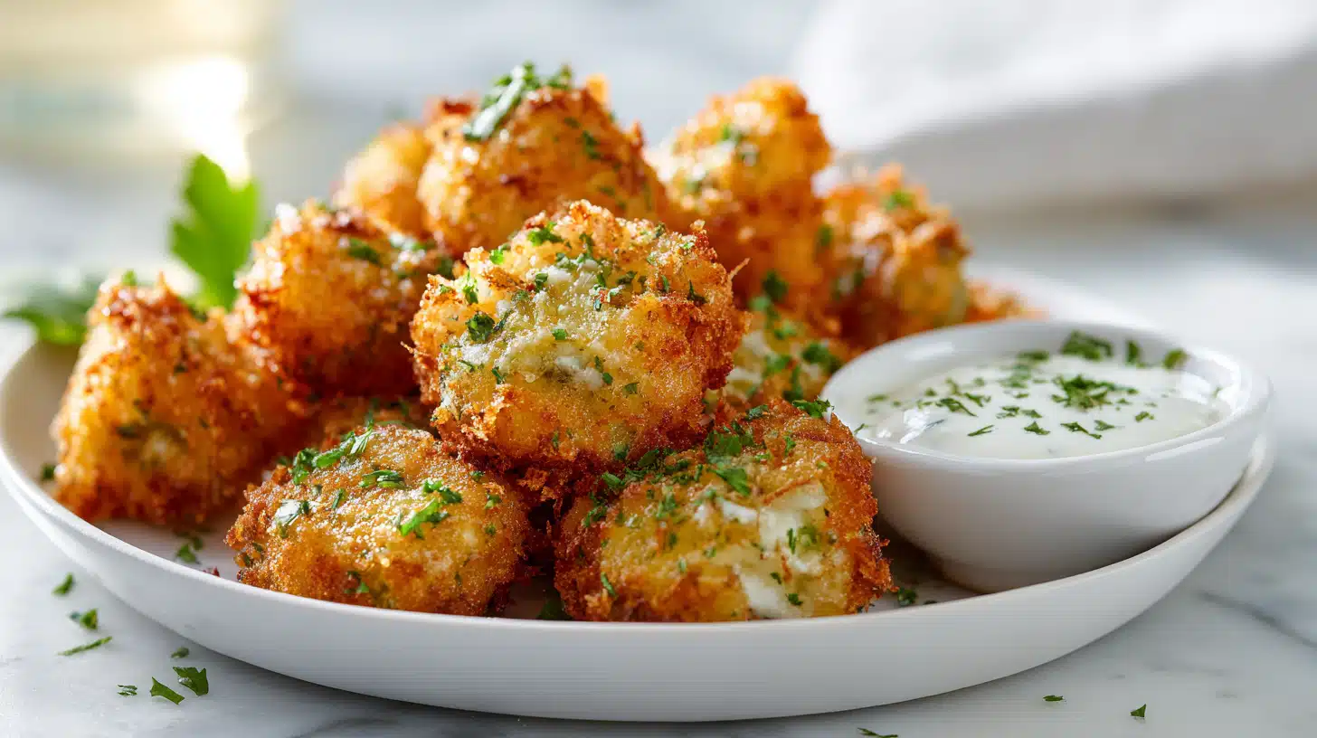 Crispy Pickle Cheese Bites: Snackable, Crunchy, and Addictive! 4 Crispy pickle cheese bites coated in breadcrumbs and fried until golden, served on a plate