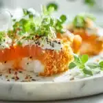 Crispy rice topped with spicy salmon, avocado, and sesame seeds arranged in bite-sized squares