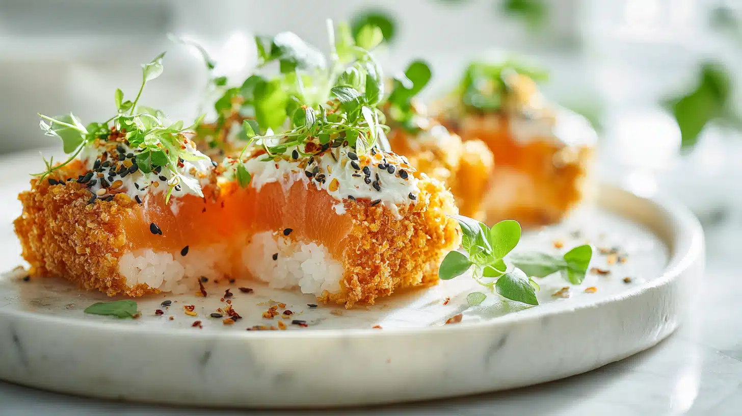 Crispy rice topped with spicy salmon, avocado, and sesame seeds arranged in bite-sized squares