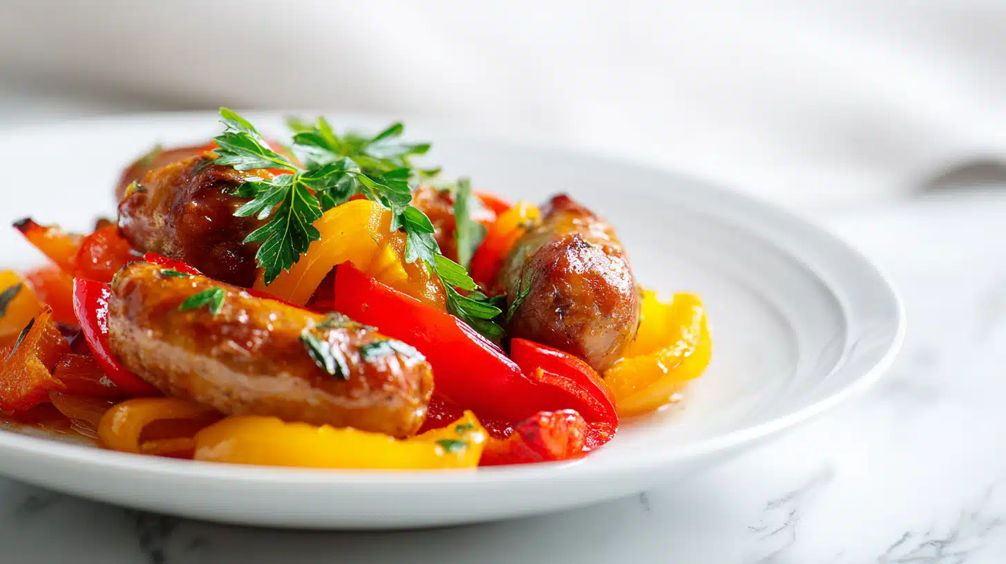 Easy Crockpot Sausage and Peppers 4 Crockpot sausage and peppers with sliced sausage, bell peppers, and onions in rich sauce