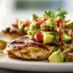 Fiesta Lime Chicken With Avocado Salsa 7 Fiesta lime chicken with avocado salsa, cilantro, and lime wedges on a plate