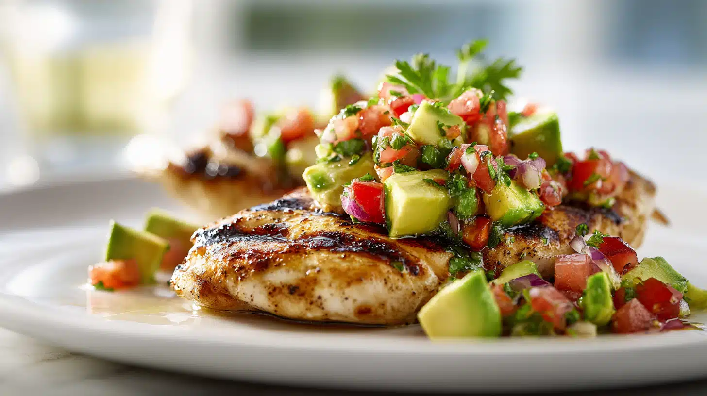 Fiesta Lime Chicken With Avocado Salsa 4 Fiesta lime chicken with avocado salsa, cilantro, and lime wedges on a plate