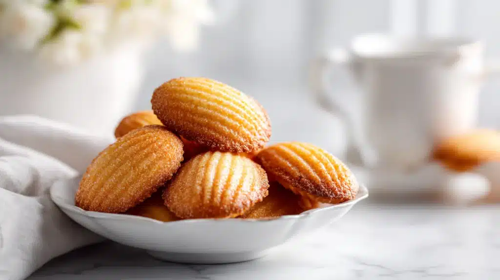 French madeleines with golden shell shape, lightly dusted with powdered sugar on a plate