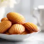 French madeleines with golden shell shape, lightly dusted with powdered sugar on a plate