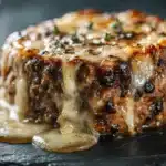 French onion meatloaf topped with caramelized onions and melted cheese.
