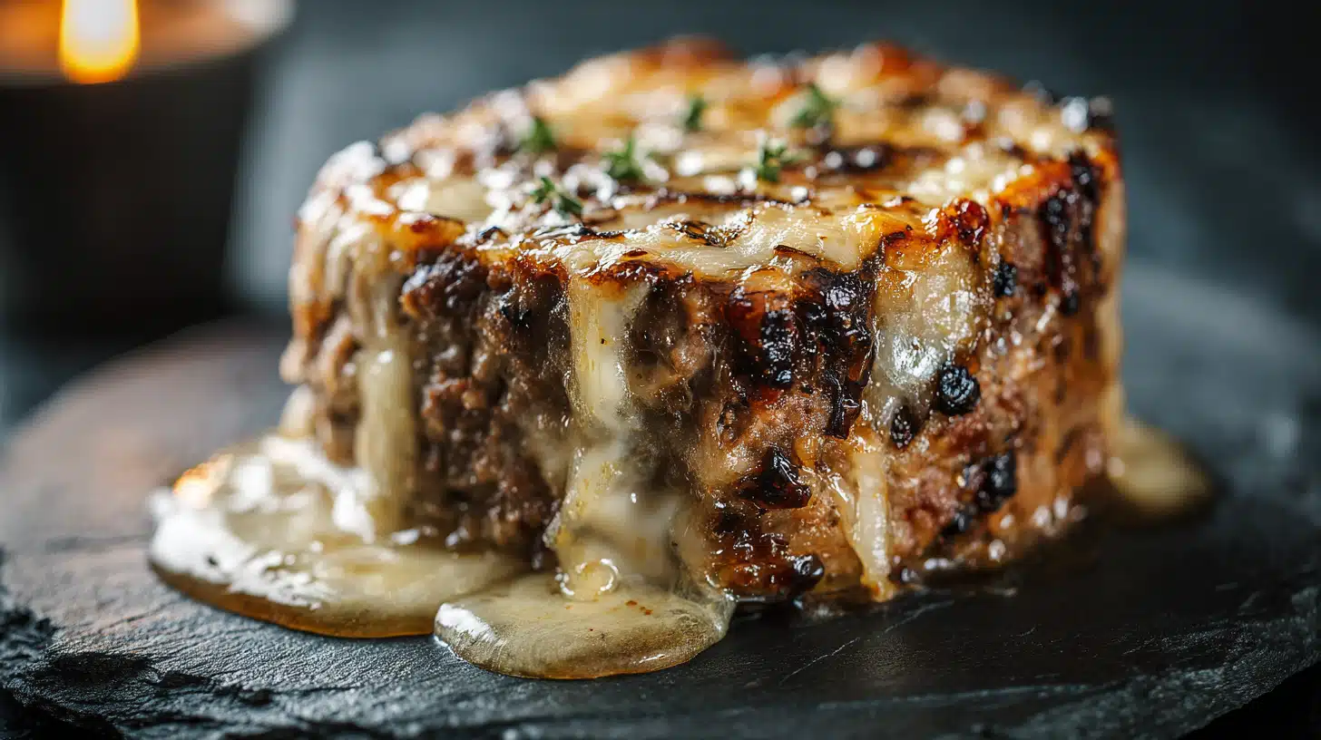 French onion meatloaf topped with caramelized onions and melted cheese.