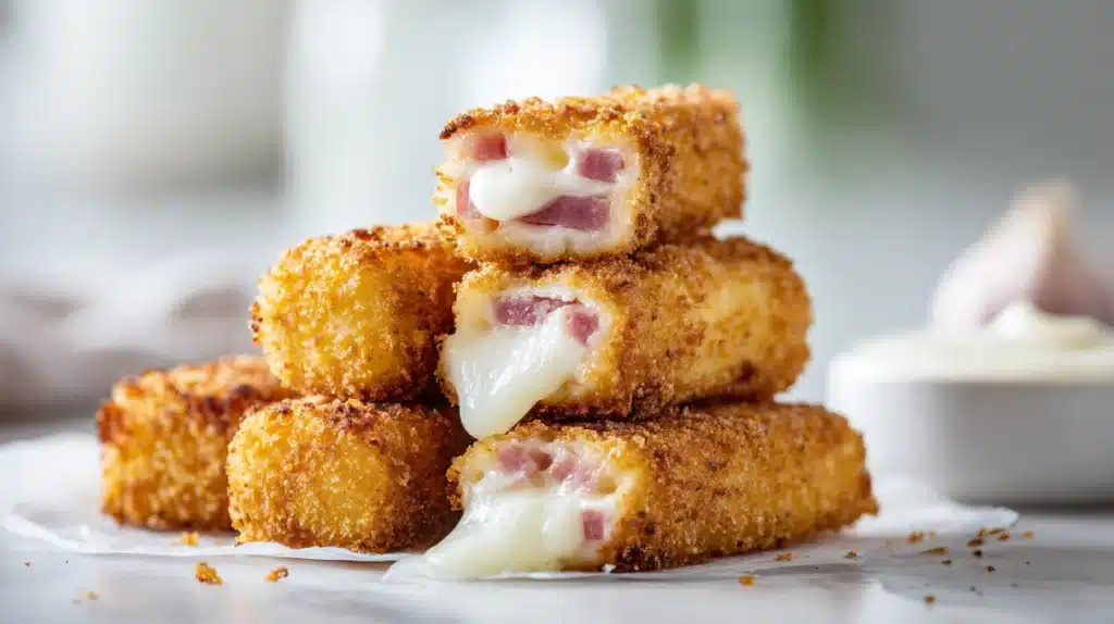 Fried ham and cheese mozzarella sticks golden and crispy with melted cheese inside
