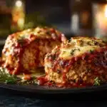 Garlic parmesan chicken meatloaves baked until golden and topped with herbs.