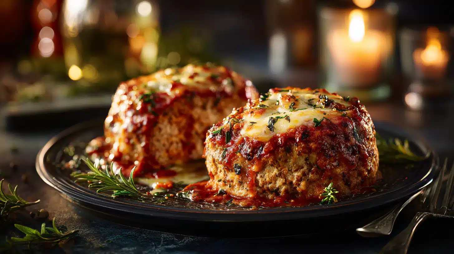 Garlic parmesan chicken meatloaves baked until golden and topped with herbs.