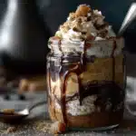 Gingerbread overnight oats flavored with warm spices and served in a jar.