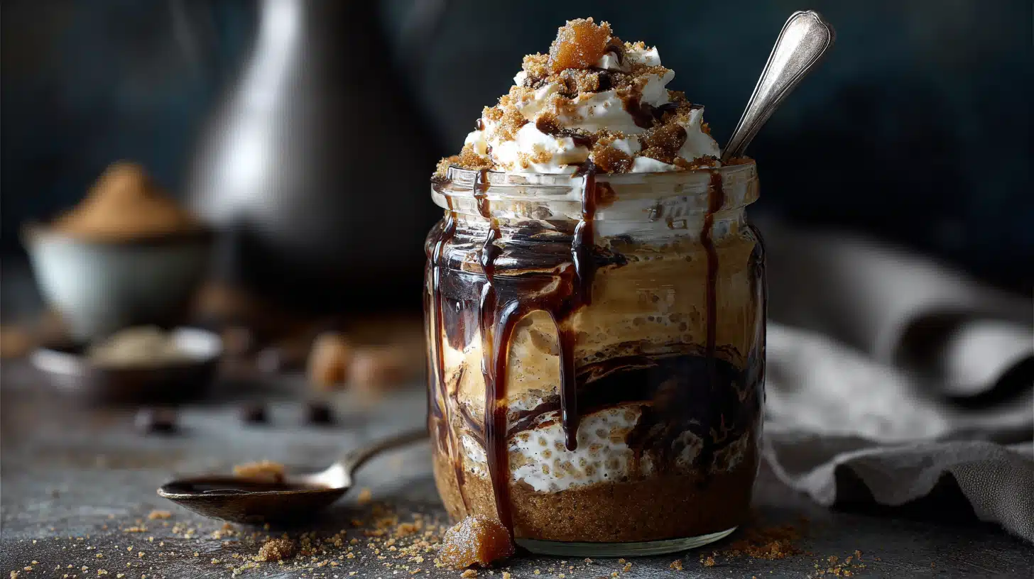 Gingerbread overnight oats flavored with warm spices and served in a jar.