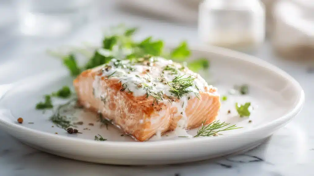 Greek yogurt–marinated salmon with herbs, lemon, and a lightly golden crust on a plate