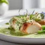 Green Sauce Chicken 7 Green sauce chicken simmered in a vibrant green salsa with herbs and served on a plate