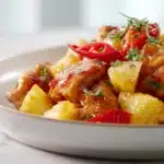 Sweet Hawaiian Chicken Dish 7 Hawaiian chicken dish glazed with sweet sauce, pineapple chunks, and colorful bell peppers on a plate