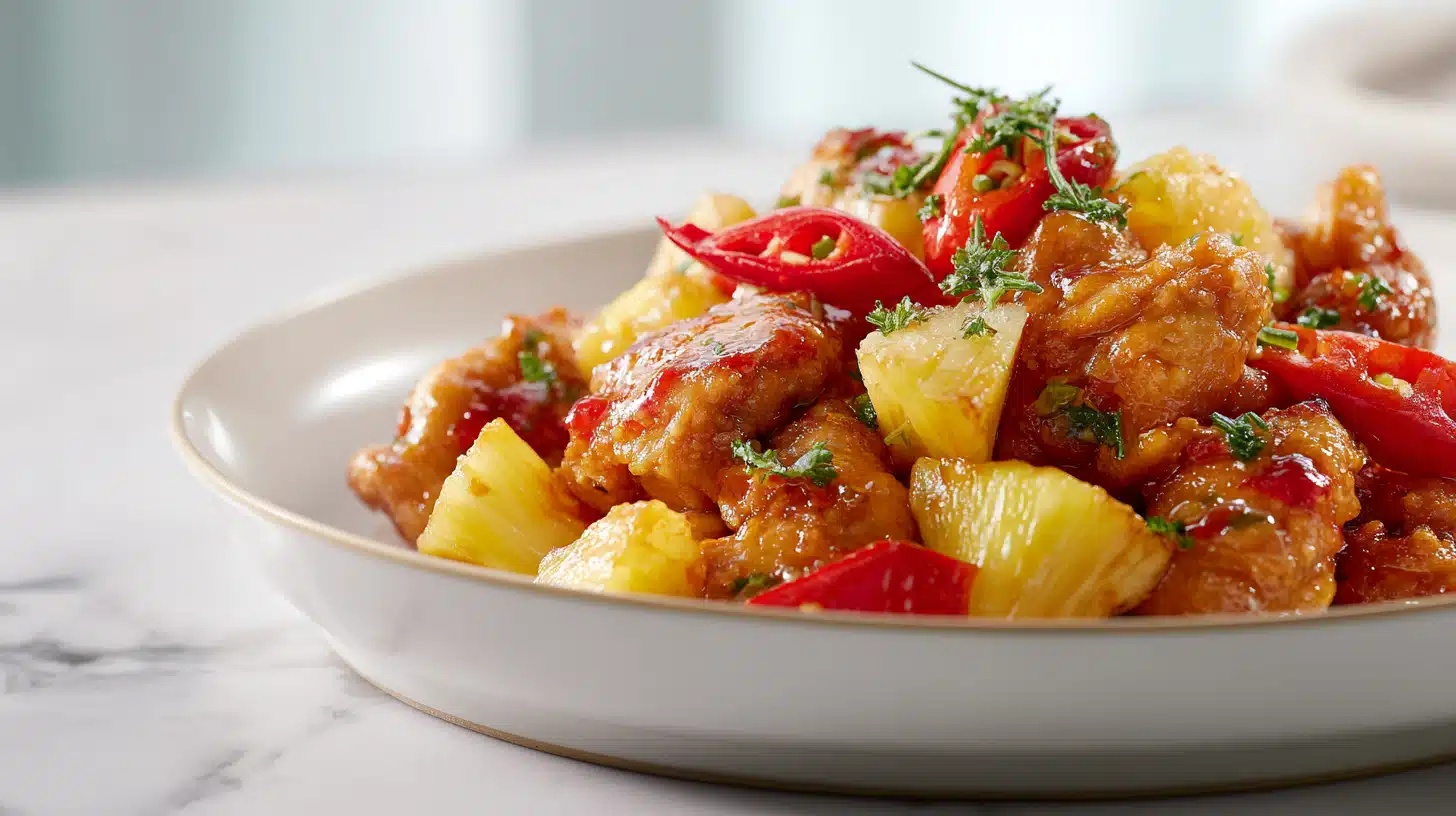 Sweet Hawaiian Chicken Dish 4 Hawaiian chicken dish glazed with sweet sauce, pineapple chunks, and colorful bell peppers on a plate