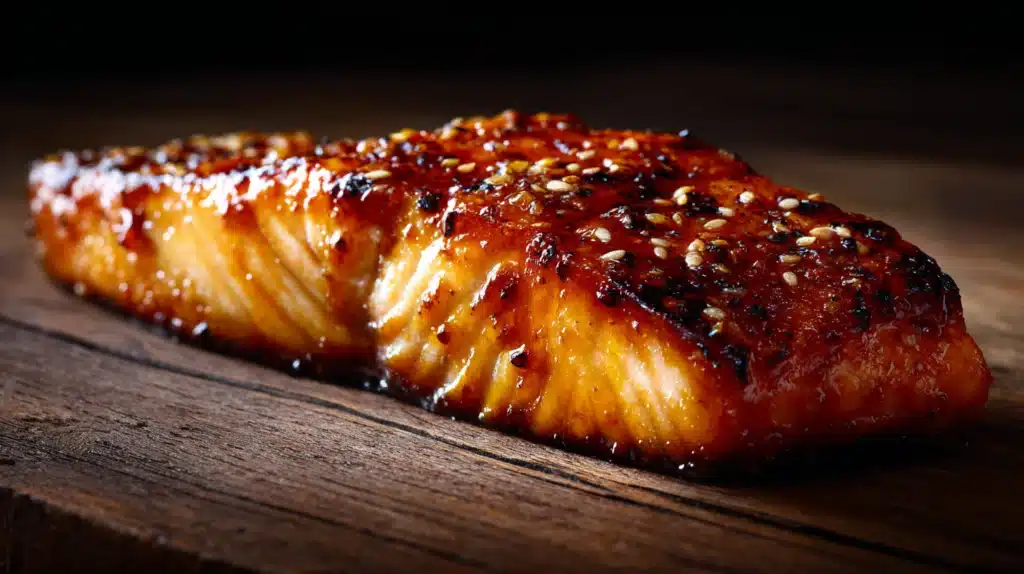 Honey garlic glazed salmon with a sticky, caramelized sauce and tender flaky texture.