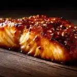 Honey garlic glazed salmon with a sticky, caramelized sauce and tender flaky texture.
