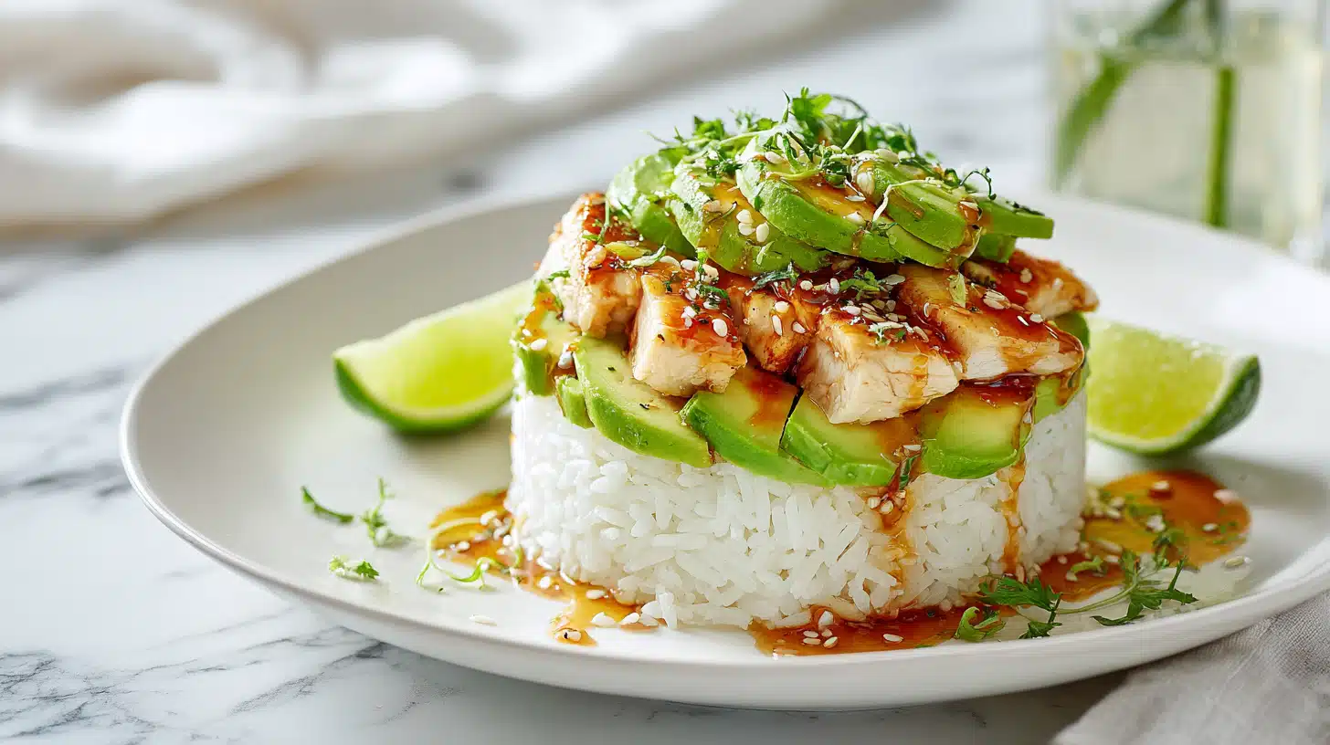 Tangy Honey Lime Chicken and Avocado Rice Stack 4 Honey lime chicken layered with avocado rice and fresh toppings in a neat stack on a plate