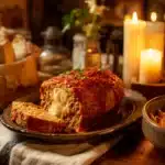 Cheesy stuffed Italian meatloaf sliced to reveal melted cheese inside.