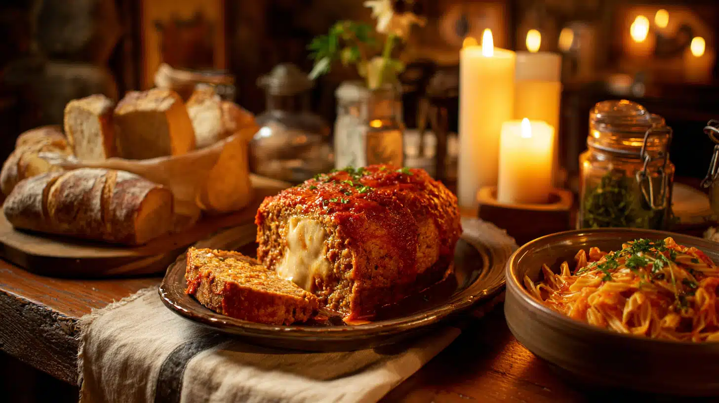 Cheesy stuffed Italian meatloaf sliced to reveal melted cheese inside.