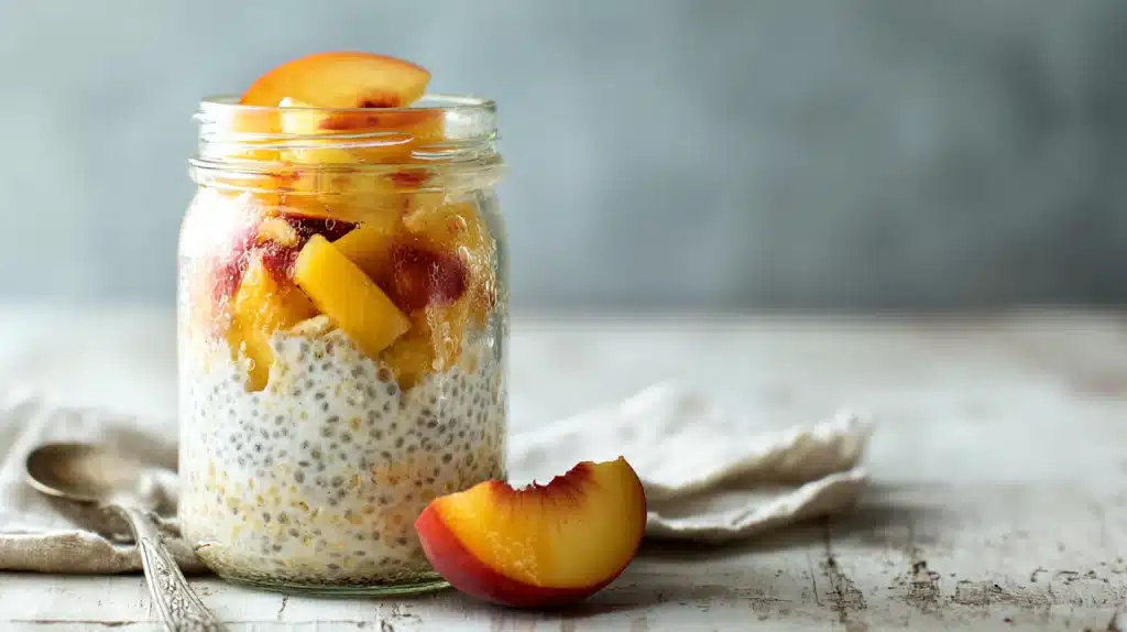 Low calorie overnight oats topped with fresh fruit in a glass jar.