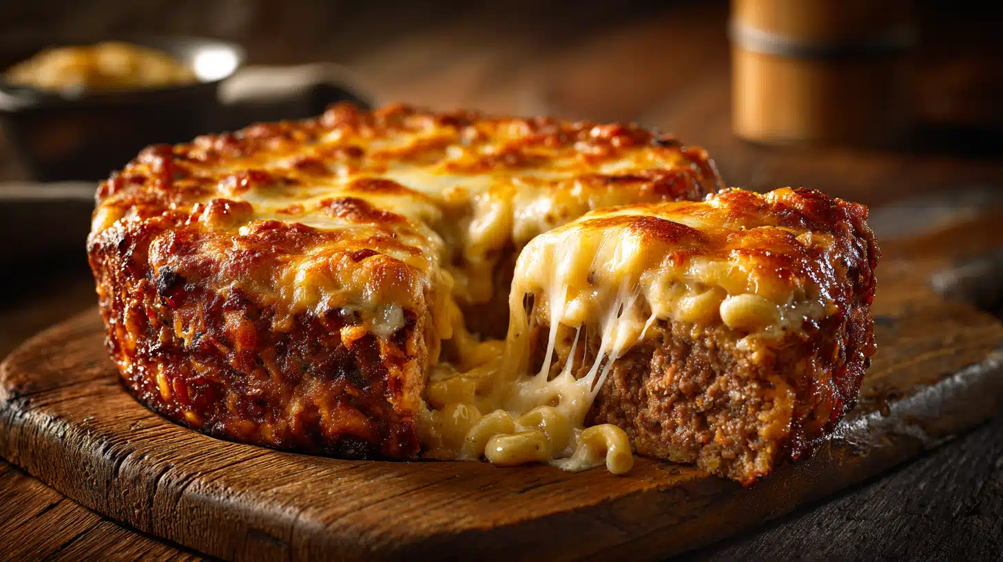 Mac and cheese meatloaf casserole with creamy macaroni and baked meatloaf layers.