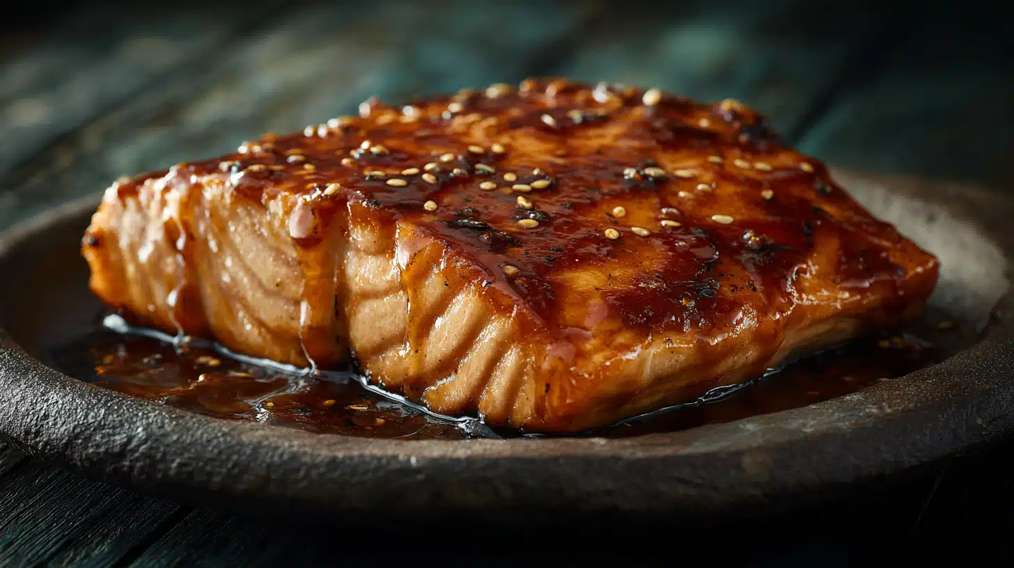 Maple-glazed salmon with a caramelized exterior and flaky, tender center.