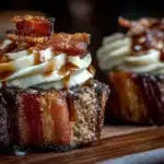 Meatloaf cupcakes wrapped in crispy bacon and baked until golden and juicy.