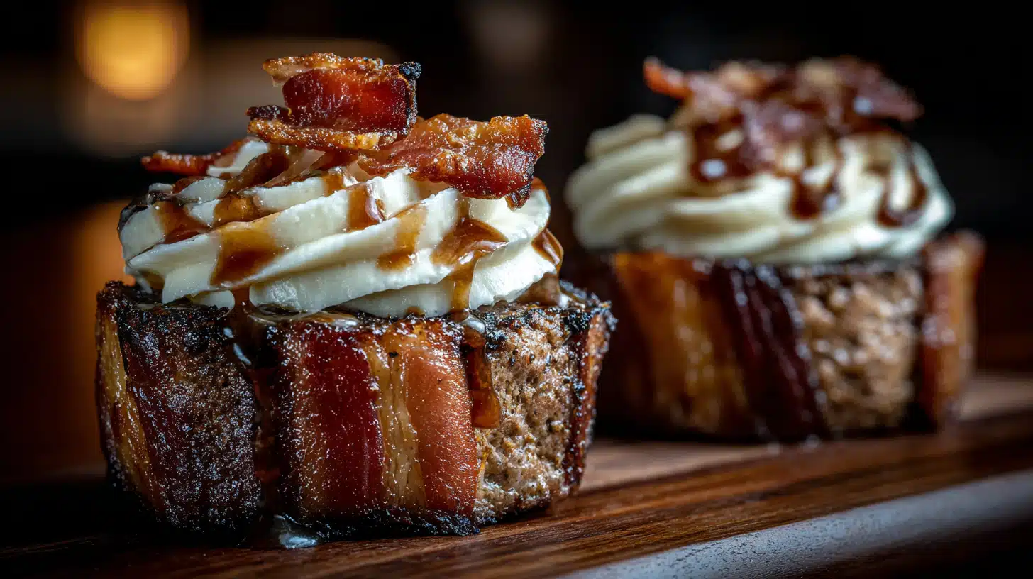 Meatloaf cupcakes wrapped in crispy bacon and baked until golden and juicy.