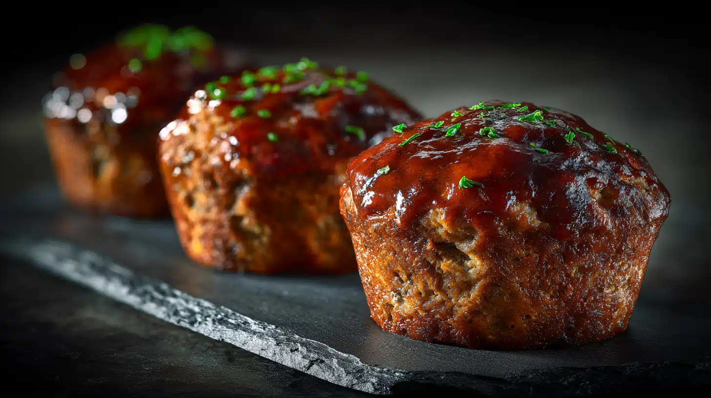 Meatloaf muffins baked in a muffin tin with a savory glazed topping.
