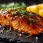 Honey mustard salmon glazed with a sweet and tangy sauce and baked until flaky.