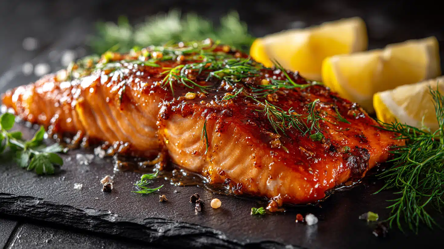 Honey mustard salmon glazed with a sweet and tangy sauce and baked until flaky.