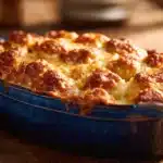 Neiman Marcus chicken casserole baked with creamy sauce, tender chicken, cheese, and buttery topping in a casserole dish