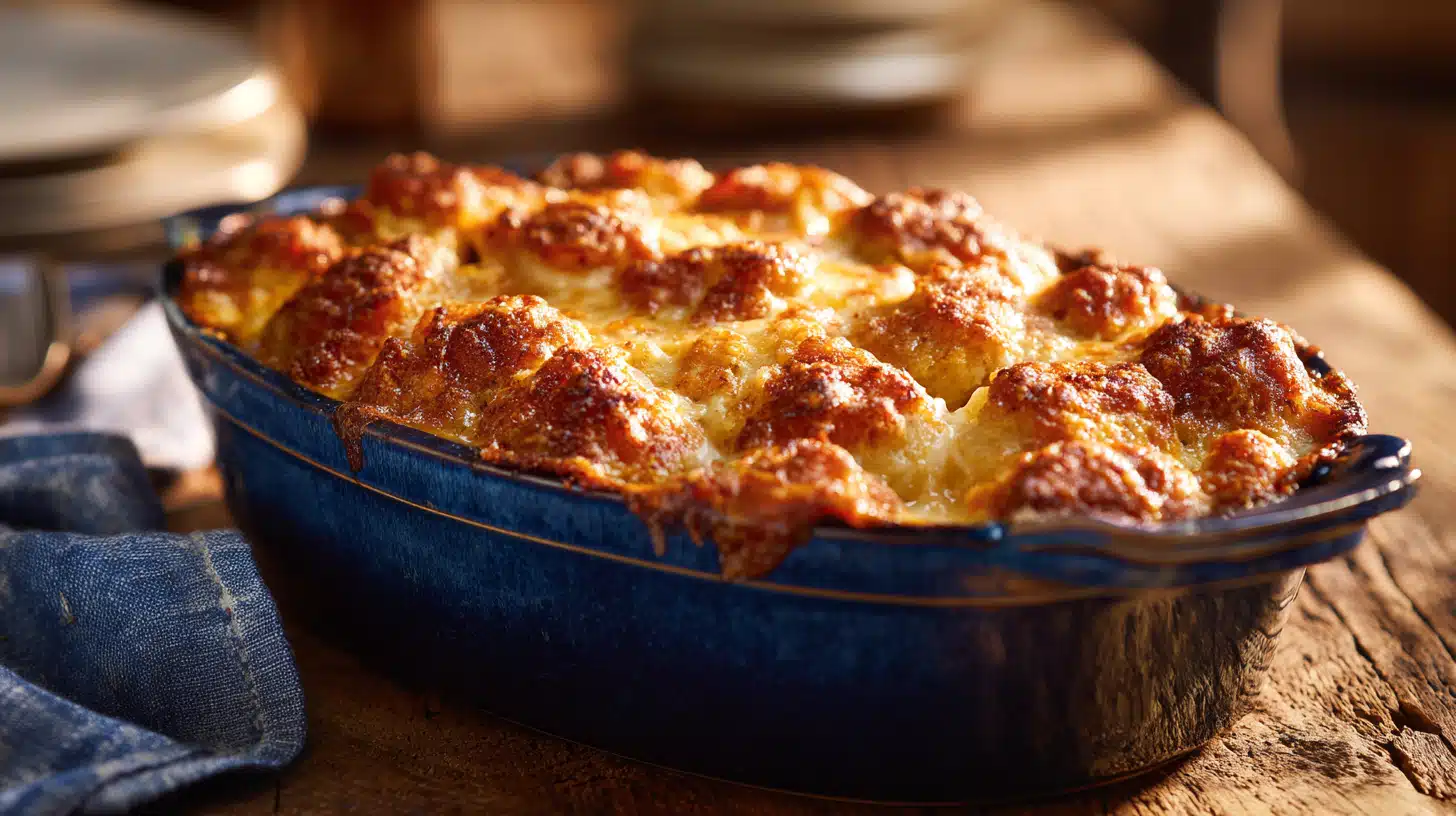 Neiman Marcus chicken casserole baked with creamy sauce, tender chicken, cheese, and buttery topping in a casserole dish