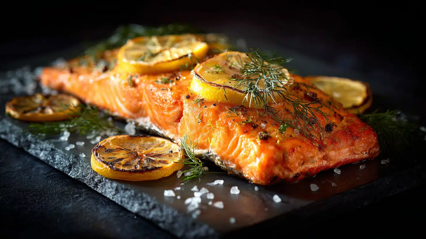 Oven baked salmon fillet with flaky texture and lightly seasoned surface.