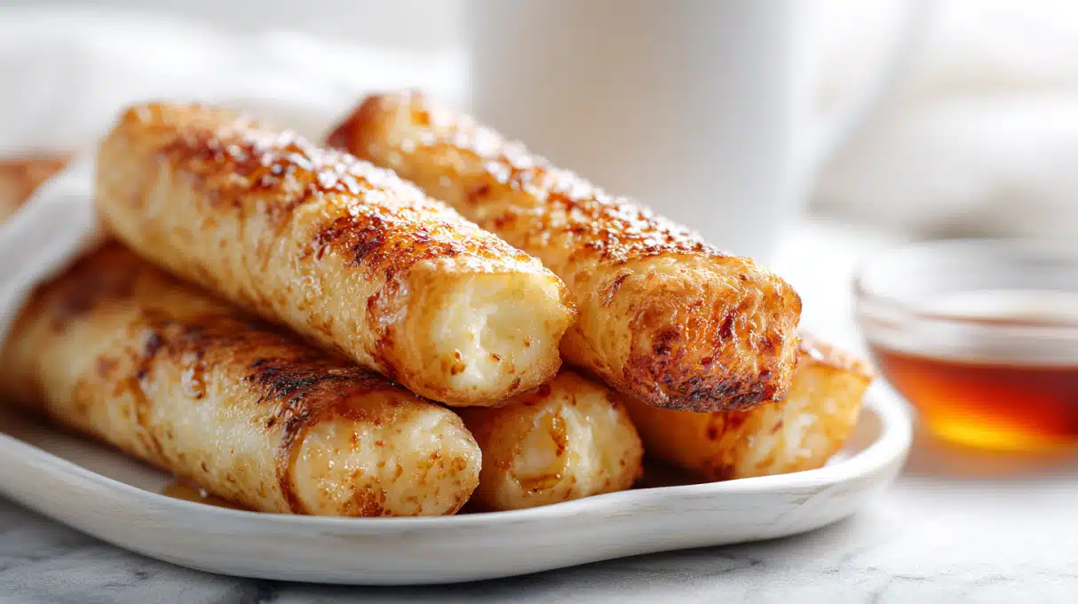 Oven Fried Feta Rolls With Chili Honey 4 Oven fried feta rolls wrapped in phyllo dough and drizzled with chili honey on a plate