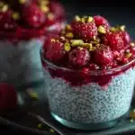 Overnight oats with chia seeds topped with fruit and served in a glass jar.