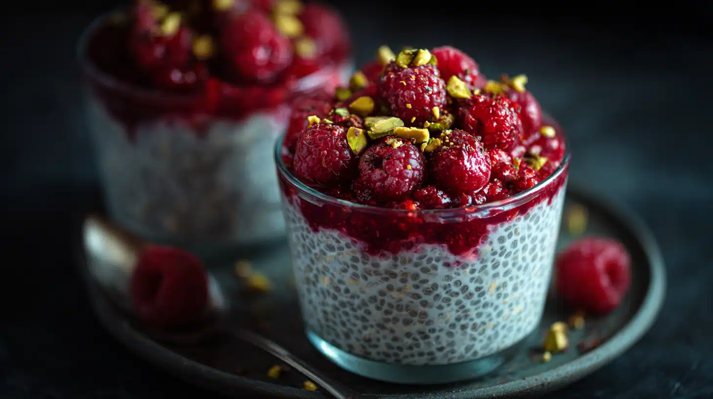 Overnight oats with chia seeds topped with fruit and served in a glass jar.