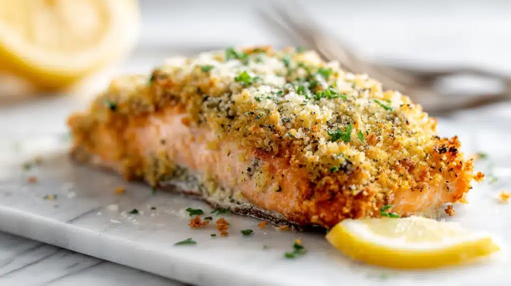 Parmesan crusted salmon with a golden, crispy topping and tender flaky center on a plate